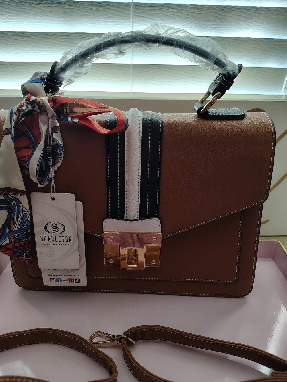 Brown Top-Handle Satchel with Contrast Stripe